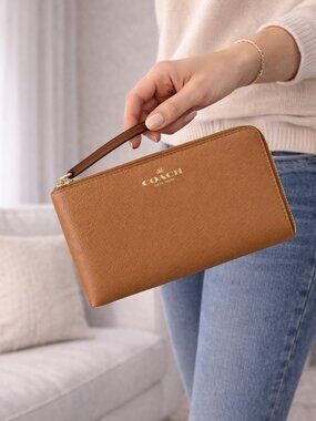 Coach Saddle Saffiano Leather Zip Wristlet Wallet Brown